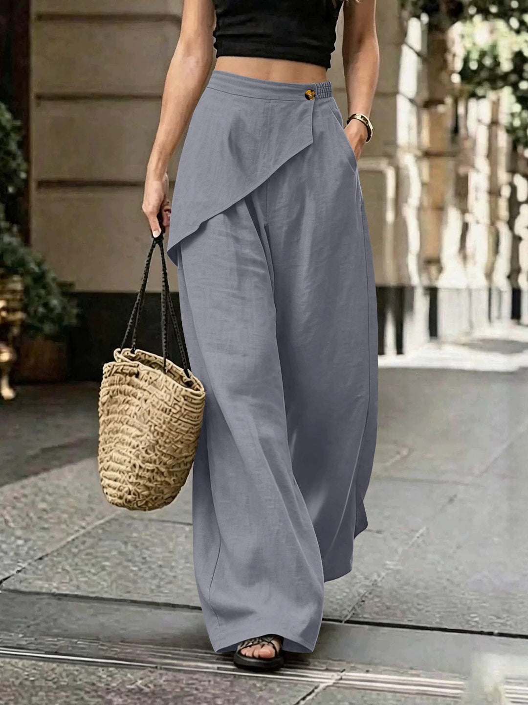 Damen Leichte Leinenhose mit Wickel-Front und weitem Bein Shop Nory