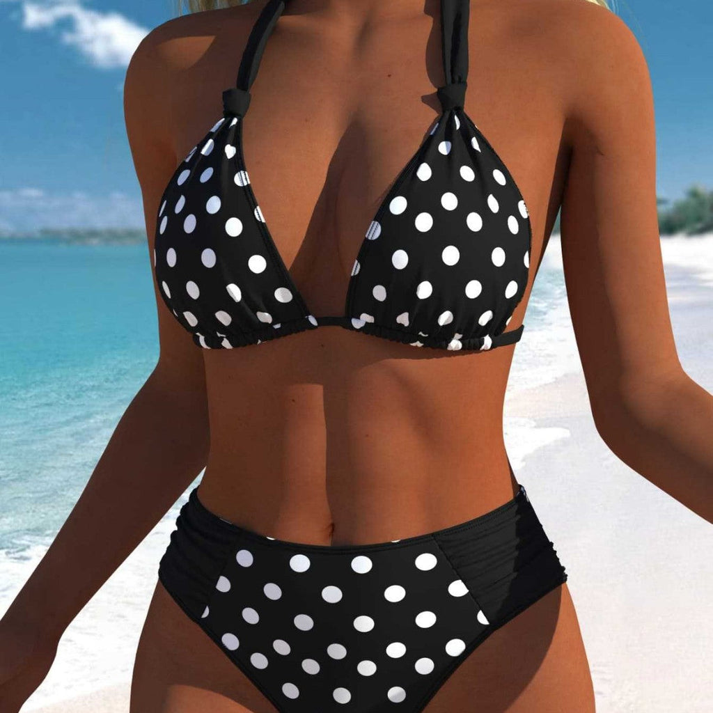 Damen Hochgeschnittener Triangel-Bikini mit punktiertem Design und verstellbaren Trägern