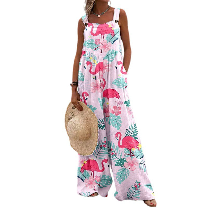 Damen Weit geschnittene Latzhose mit floralem Muster und praktischen Taschen Shopnory
