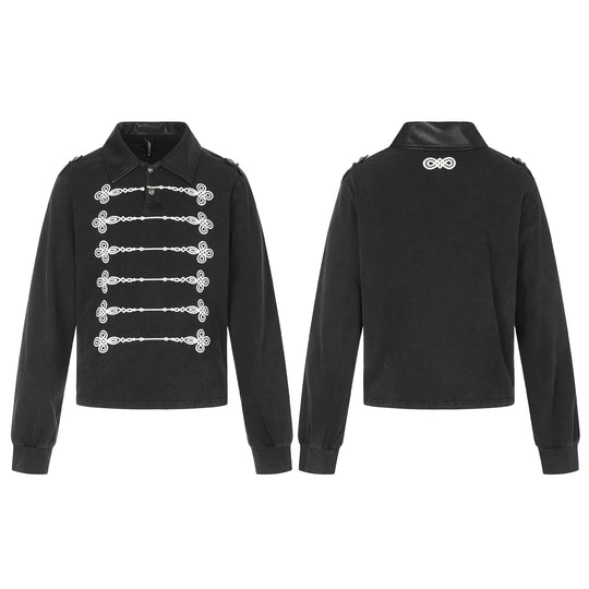 Damen Polo‑Sweatshirt im Military‑Style mit dekorativen Kordelprints und Lederkragen Shop Nory
