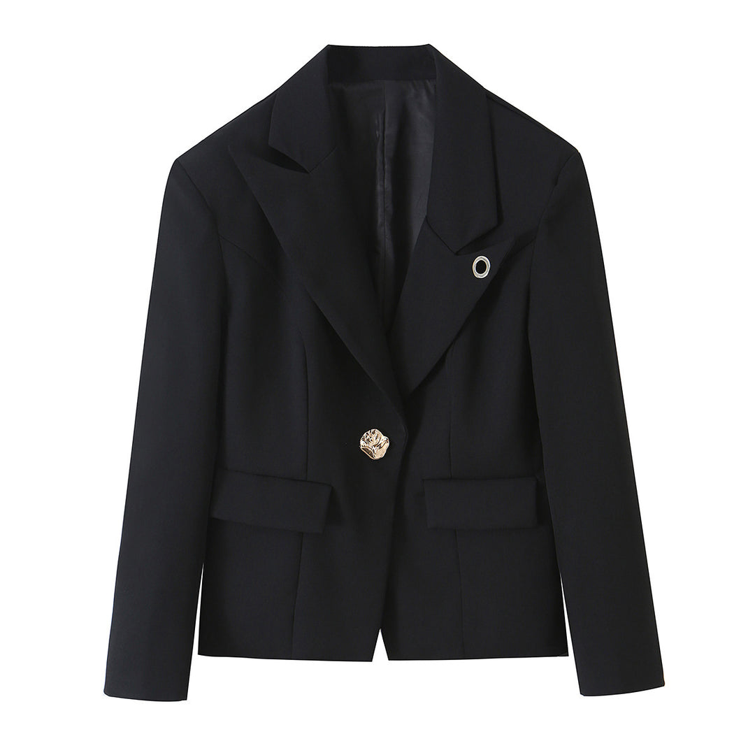 Damen Taillierter Kurzblazer mit dekorativem Metallknopf und Pattentaschen Shop Nory
