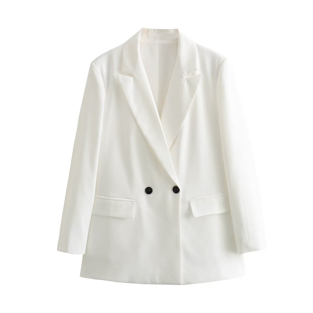 Damen Doppelreihiger Longblazer mit weitem Schalkragen und Pattentaschen Shop Nory