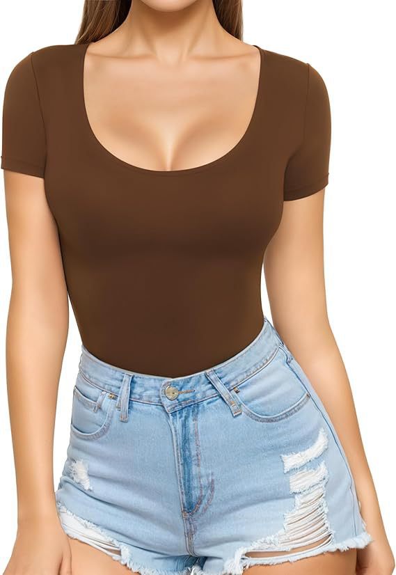 Damen figurbetontes Kurzarm-Body mit rundem Ausschnitt und nahtlosem Design