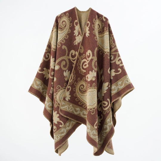 Damen Jacquard-Wollmix-Poncho mit Paisley‑Jacquard und offenem Kimono‑Fall Shop Nory