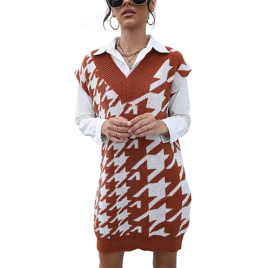 Damen Longline Strick‑Tunikaweste mit Hahnentritt‑Jacquard und tiefem V‑Ausschnitt Shop Nory