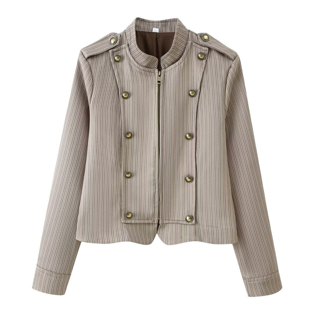 Damen Zweiteiliger taillierter Nadelstreifen-Anzug mit Reißverschlussblazer und Highwaist-Hose Shop Nory