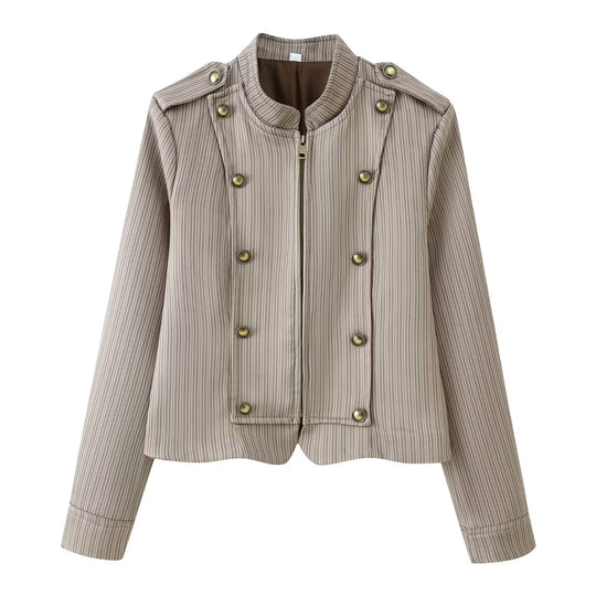 Damen Zweiteiliger taillierter Nadelstreifen-Anzug mit Reißverschlussblazer und Highwaist-Hose Shop Nory
