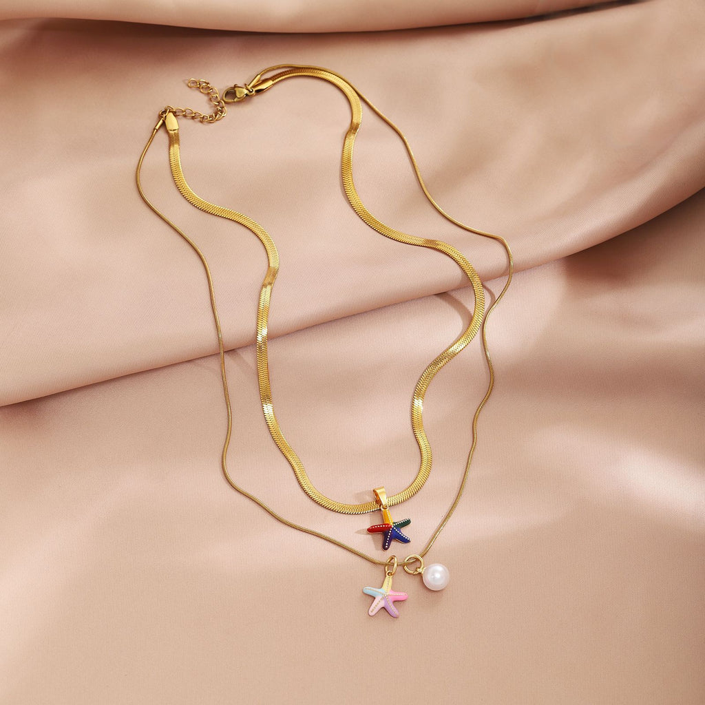 Damen mehrlagige Kette mit bunten Stern-Anhängern Shop Nory