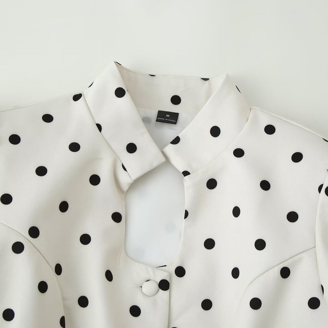 Damen Gepunktete Bluse mit Stehkragen, Puffärmeln und Peplum-Saum Shop Nory