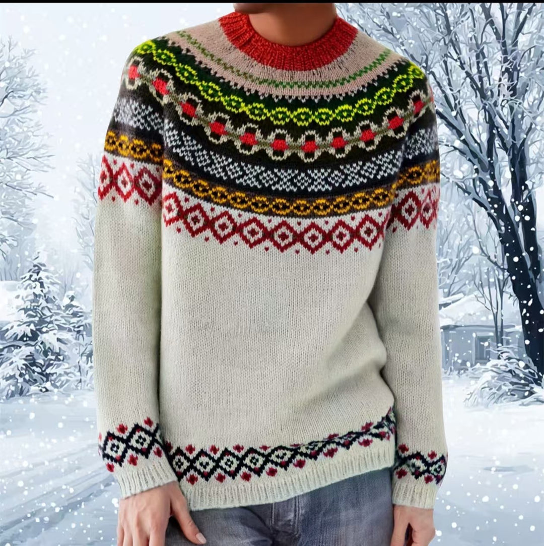 Damen nan melierter Rundhalsausschnittpullover mit kreisförmigem Jacquard-Yoke und geripptem Saum Shop Nory