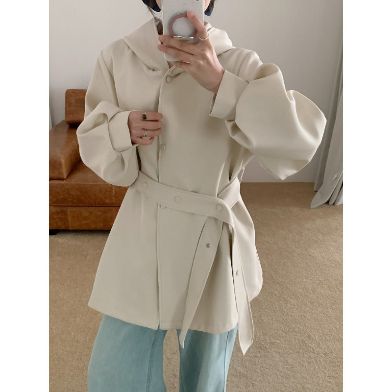 Damen Oversize Midimantel mit Kapuze, verdeckter Knopfleiste und voluminösen Ärmeln Shop Nory
