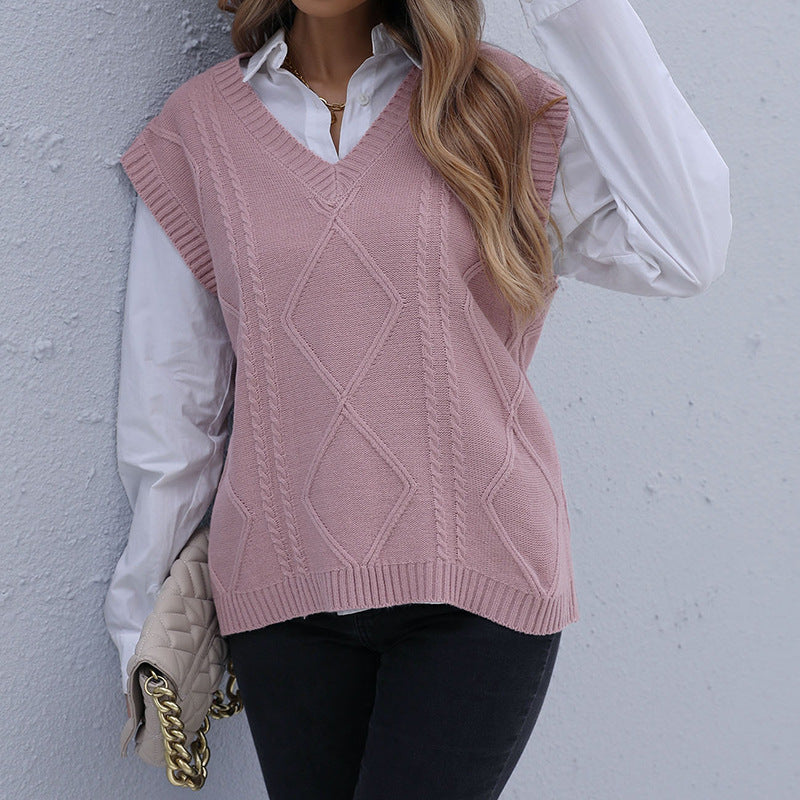 Damen Strickweste mit V-Ausschnitt, Rautenmuster und kastiger Oversize-Silhouette Shop Nory