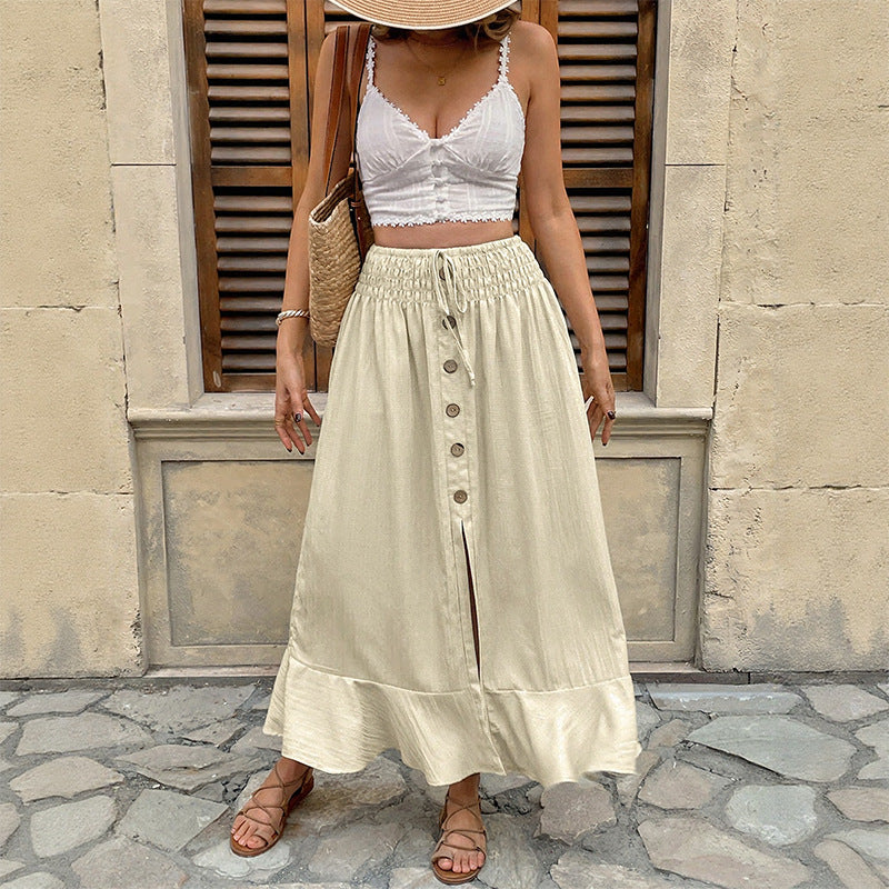 Damen Sommerlicher Maxirock mit Smockbund, durchgehender Knopfleiste, Seitenschlitz und Volant Shop Nory