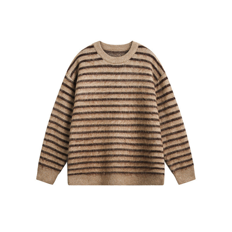 Unisex Oversize Gestreifter Flauschpullover mit Rundhalsausschnitt Shop Nory