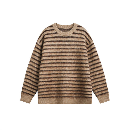 Unisex Oversize Gestreifter Flauschpullover mit Rundhalsausschnitt Shop Nory