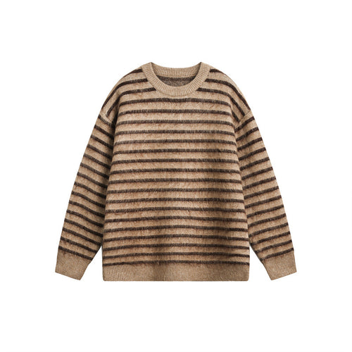 Unisex Oversize Gestreifter Flauschpullover mit Rundhalsausschnitt Shop Nory