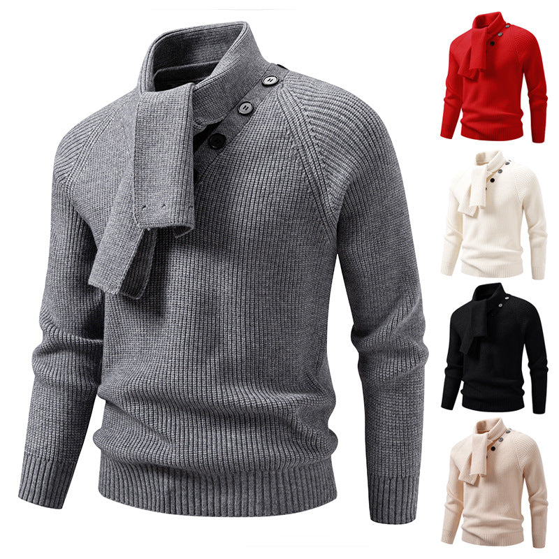 Herren Strickpullover mit integriertem Schlauchkragen-Schal und Knopfdetail Shop Nory