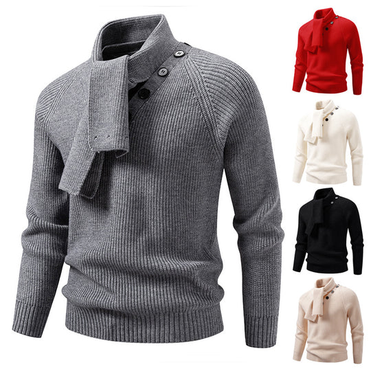 Herren Strickpullover mit integriertem Schlauchkragen-Schal und Knopfdetail Shop Nory
