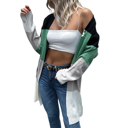 Damen Longline Strickcardigan mit Farbblockmuster, offener Front und lässiger Oversize‑Passform Shop Nory