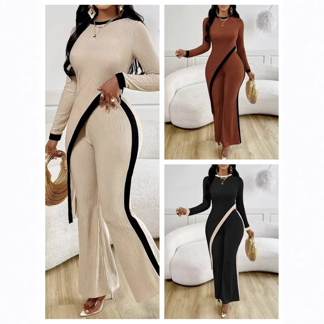 Damen nan eleganter Rippen-Jumpsuit mit asymmetrischer Wickeloptik, taillierendem Cut-Out und kontrastierenden Seitenstreifen Shop Nory