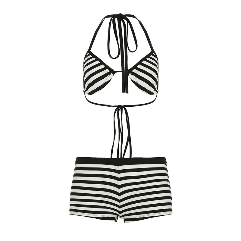 Damen Bikini-Set mit gestreiftem Top und Shorts