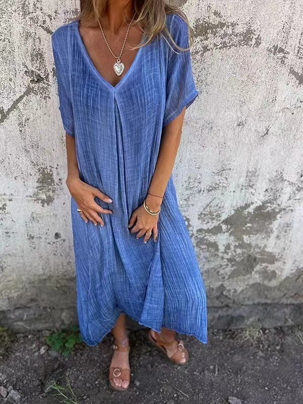 Damen lässiges Maxikleid aus leichtem Stoff mit V-Ausschnitt und kurzem Arm
