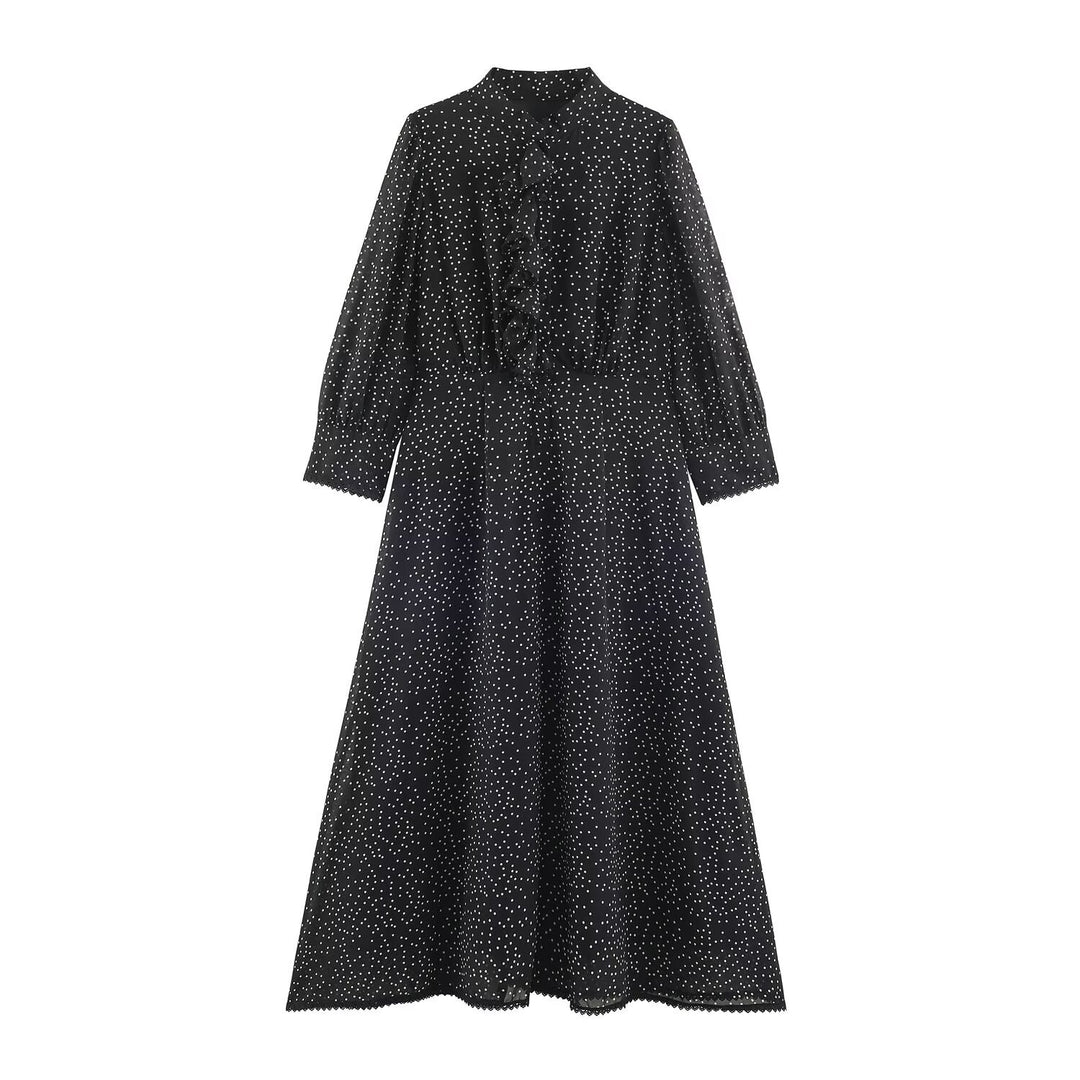 Damen Midikleid mit Rüschenfront, Stehkragen und ausgestelltem A-Linien‑Rock Shop Nory