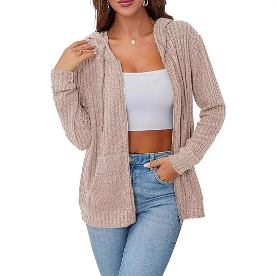 Damen Strick-Kapuzenjacke mit Reißverschluss, Waffelstruktur und Eingrifftaschen Shop Nory