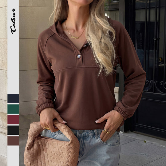 Damen Kapuzenbluse mit raglanärmeln, zweifacher Knopfleiste und elastischem Saum Shop Nory