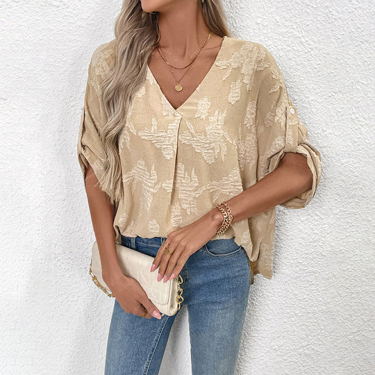 Damen leichte Oversize V-Neck Bluse mit strukturiertem Jacquardmuster und krempelbaren Ärmeln Shop Nory