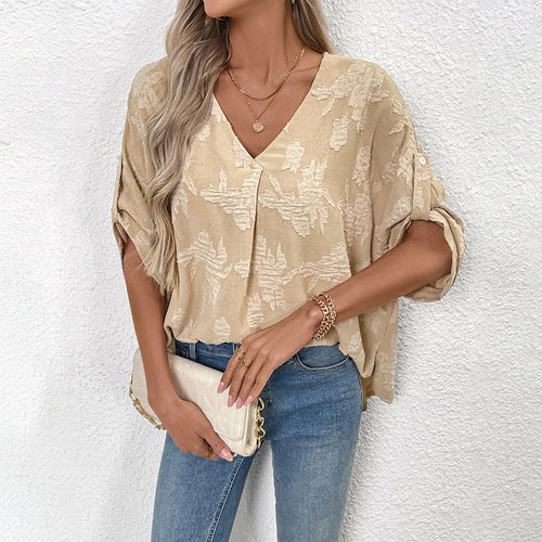 Damen leichte Oversize V-Neck Bluse mit strukturiertem Jacquardmuster und krempelbaren Ärmeln Shop Nory