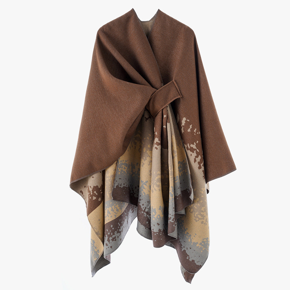 Damen Cape-Poncho mit integrierter Bindeschlaufe und zweilagigem Jacquardfall Shop Nory