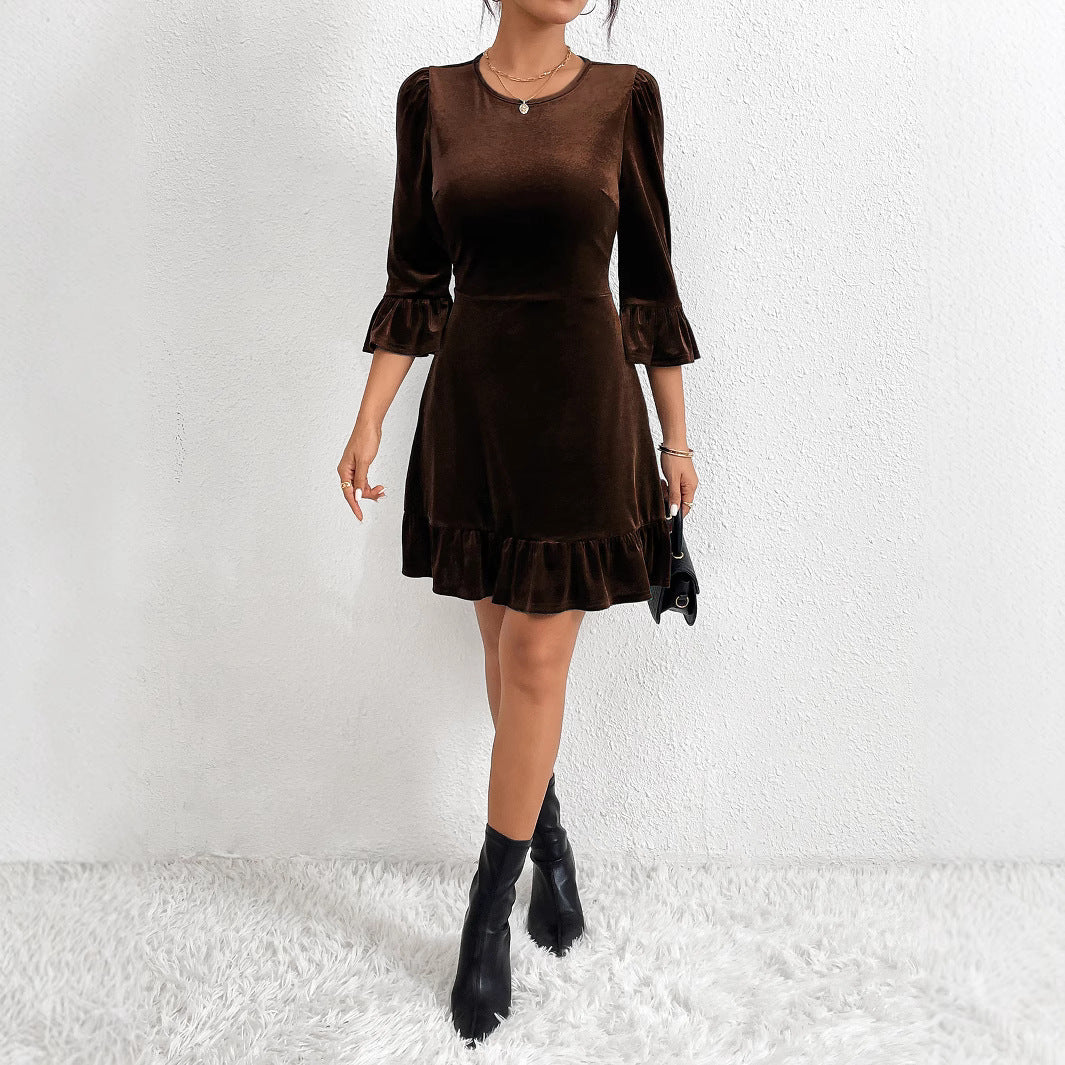 Damen Samt-Minikleid mit taillierter Korsagenlinie, gerafften Volantärmeln und stufigem Saum Shop Nory
