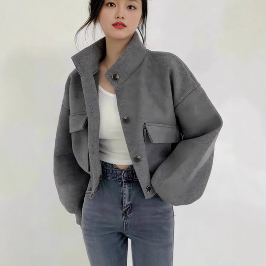 Damen Kurze Oversize-Wolloptik-Jacke mit Stehkragen und Ballonärmeln Shop Nory