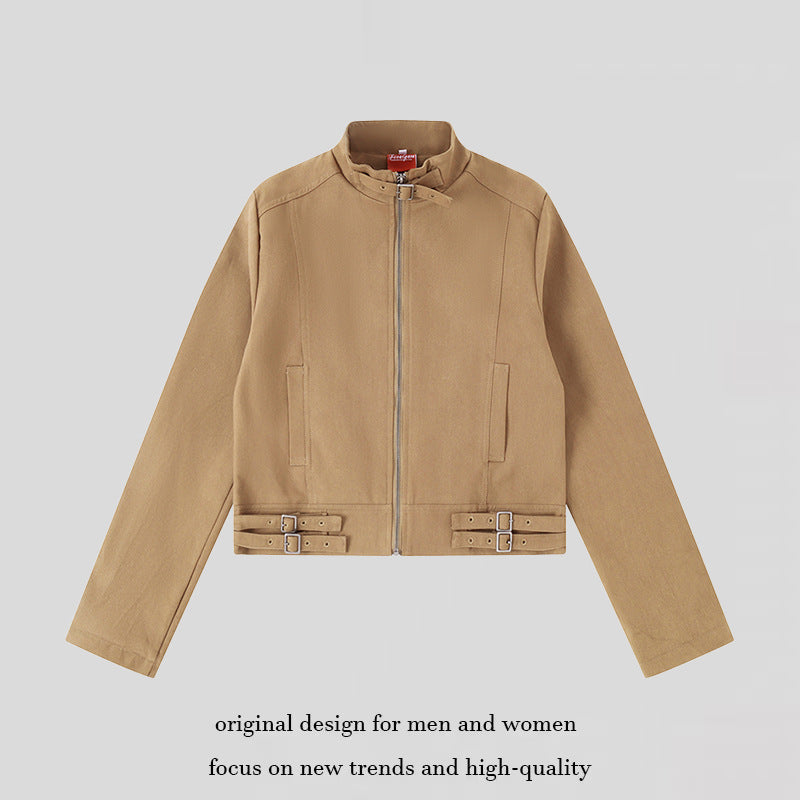 Damen Kurz geschnittene Baumwoll-Utility-Jacke mit Stehkragen Frontreißverschluss und verstellbaren Taillenriemen Shop Nory