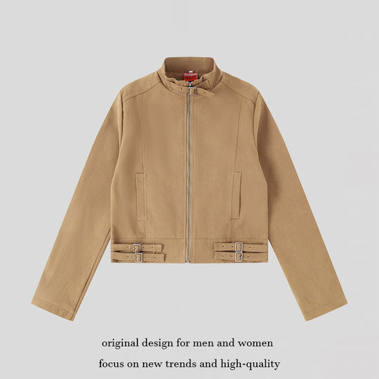 Damen Kurz geschnittene Baumwoll-Utility-Jacke mit Stehkragen Frontreißverschluss und verstellbaren Taillenriemen Shop Nory