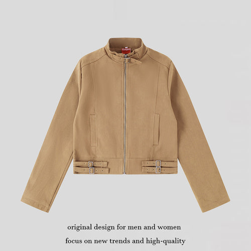 Damen Kurz geschnittene Baumwoll-Utility-Jacke mit Stehkragen Frontreißverschluss und verstellbaren Taillenriemen Shop Nory
