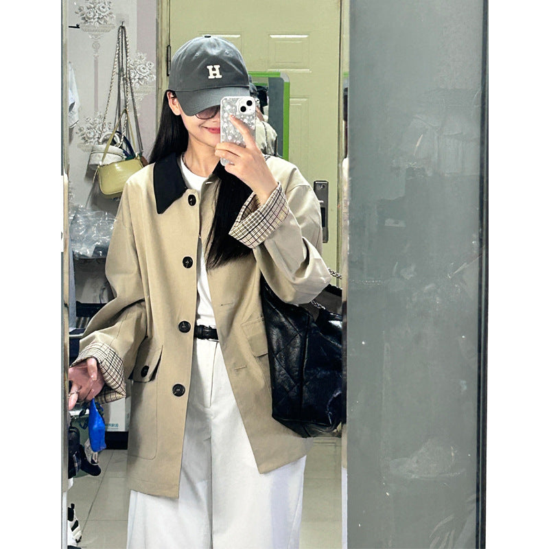 Damen Oversized Trenchcoat mit Kontrastkragen und karierten Umschlagmanschetten Shop Nory