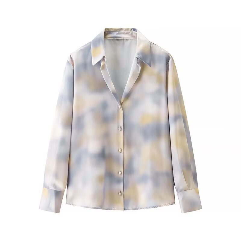 Damen Seidiges Zweiteiliges Blusen- und Midirock-Set mit A-Linienrock und abstraktem Aquarellprint Shop Nory