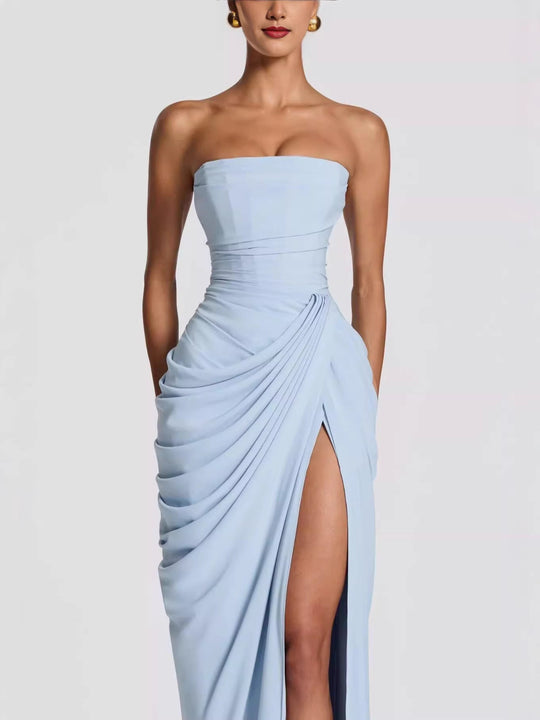 Damen Elegantes Bandeau Abendkleid mit Raffungen und Beinschlitz