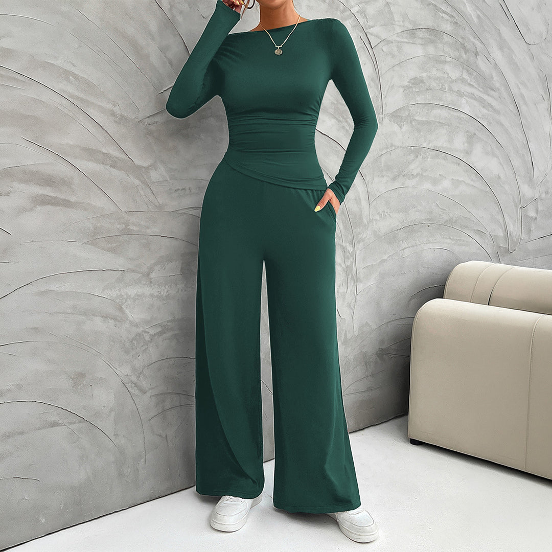 Damen nan zweiteiliges Jersey-Set mit asymmetrischer Wickeloptik, Langarmtop und weiter High‑Waist‑Hose Shop Nory