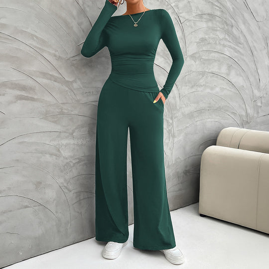 Damen nan zweiteiliges Jersey-Set mit asymmetrischer Wickeloptik, Langarmtop und weiter High‑Waist‑Hose Shop Nory