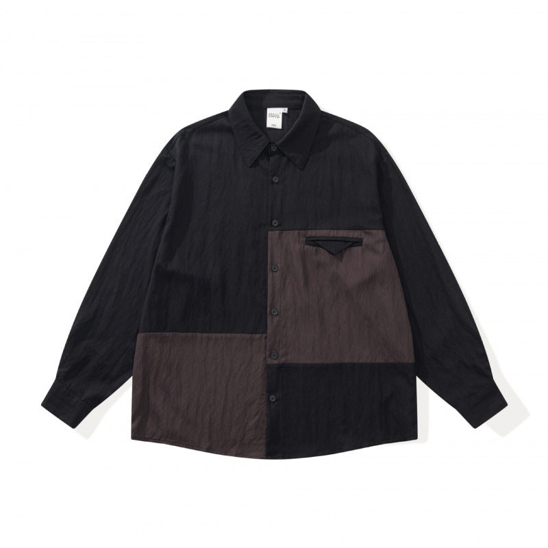 Unisex Oversize-Hemdjacke im Patchwork-Look mit Kentkragen und Brusttasche Shop Nory