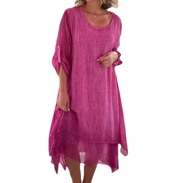 Damen nan weites Musselin-Midikleid mit rundem Halsausschnitt, krempelbaren halblangen Ärmeln und mehrlagigem Stufenrock