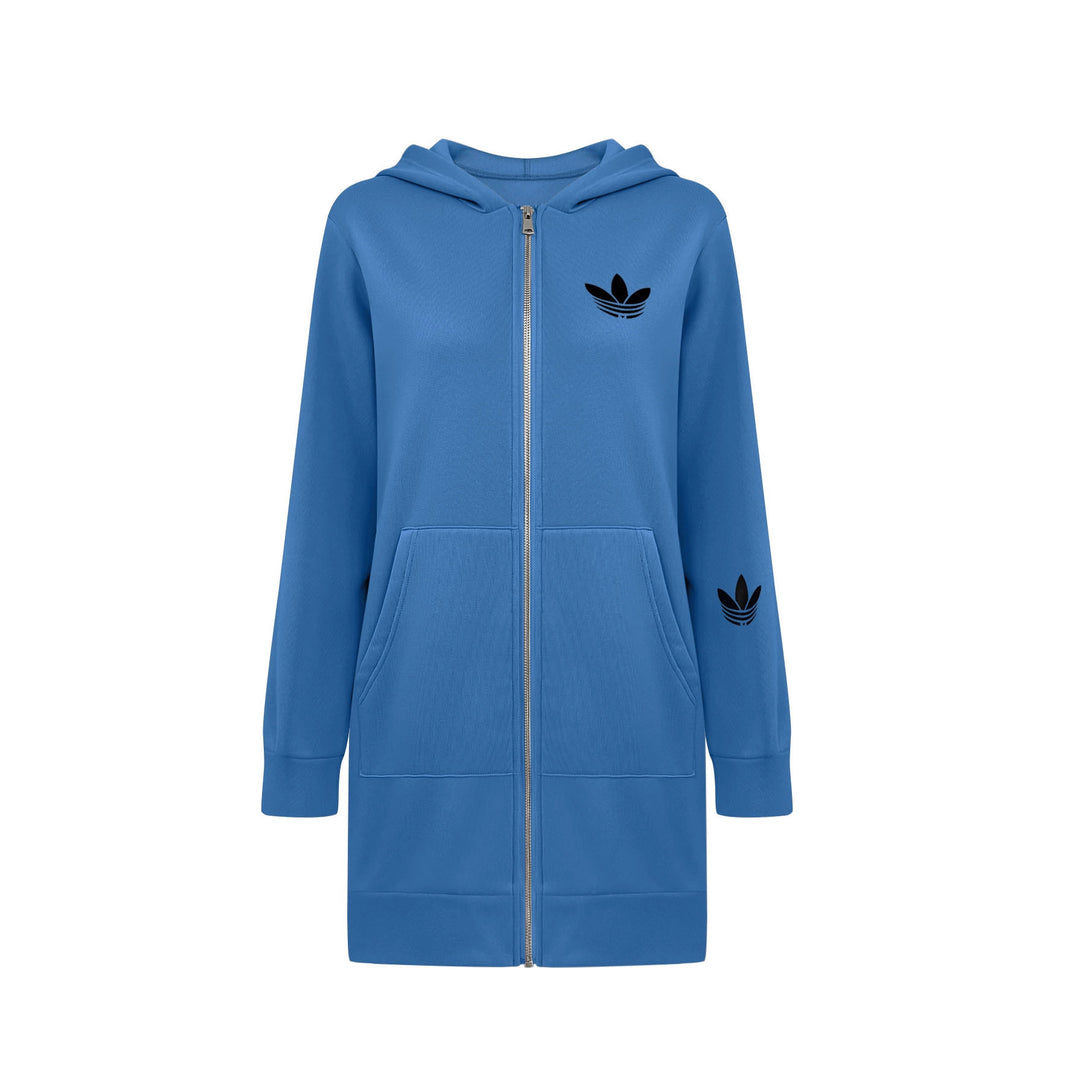Damen Lange Kapuzen-Sweatjacke mit Metallreißverschluss, Kängurutaschen und figurumspielender Silhouette Shop Nory