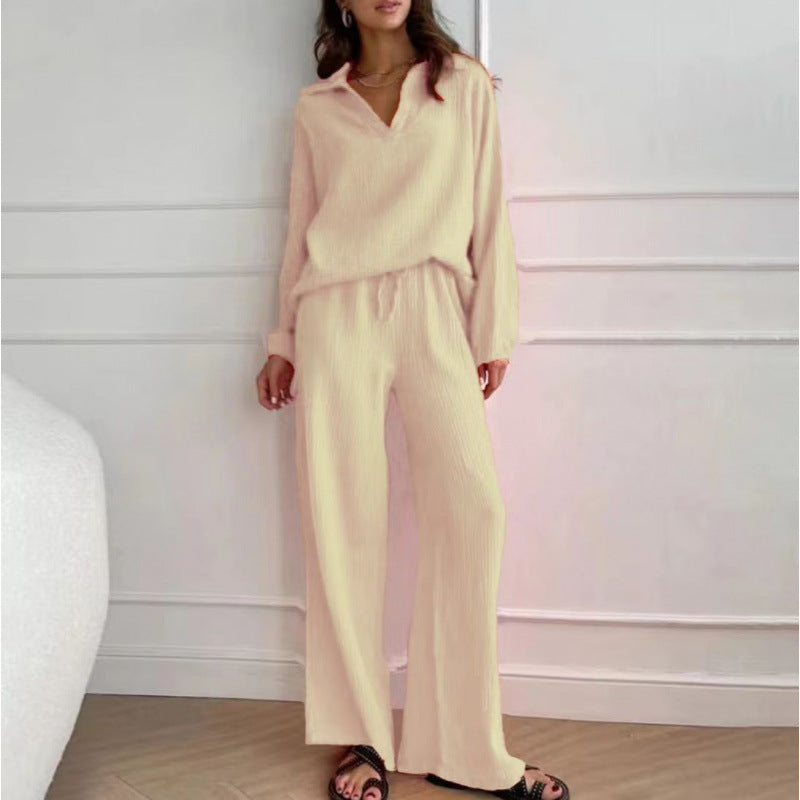 Damen Leichtes Crinkle-Lounge-Set mit V-Ausschnitt und weiter High-Waist-Hose Shop Nory