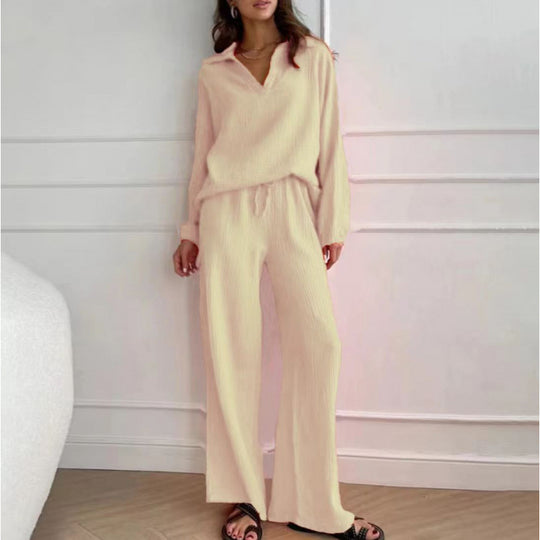 Damen Leichtes Crinkle-Lounge-Set mit V-Ausschnitt und weiter High-Waist-Hose Shop Nory