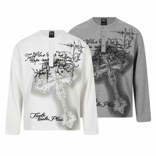 Herren Langarm-Henleyshirt mit Waffelstruktur, Knopfleiste und großflächigem Grafikprint Shop Nory