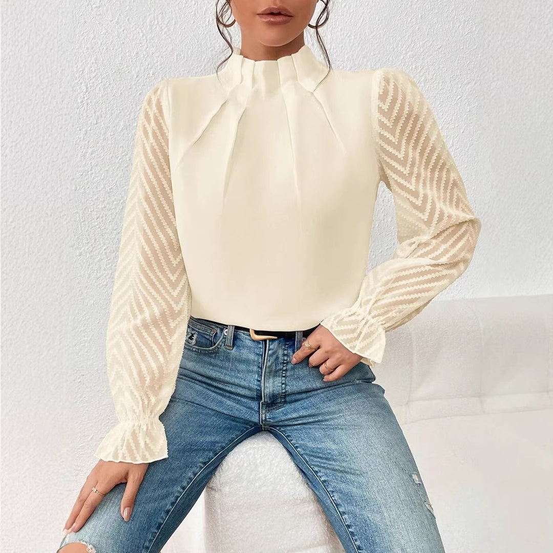 Damen Taillierte Chiffonbluse mit Stehkragen und transparenten Chevron-Ärmeln Shop Nory