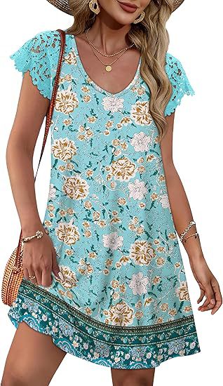 Damen Sommerkleid mit eleganten Spitzenärmeln und floralem Muster